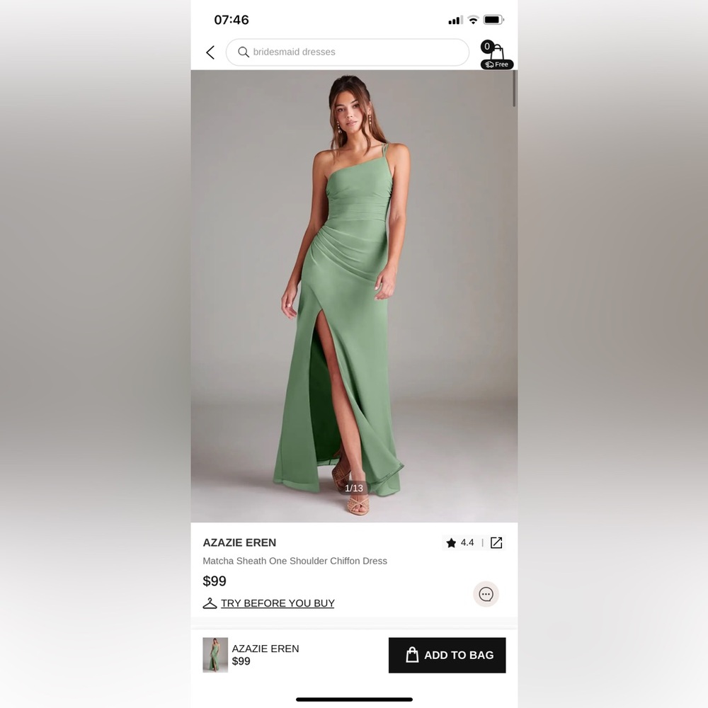 Azazie Eren Matcha Sheath One Shoulder Chiffon Dress